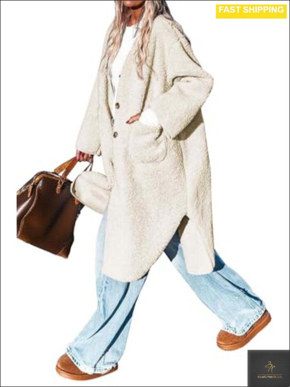 Faux Fur Sherpa Fleece Long Coat Button Front Knee Length Winter Jacket